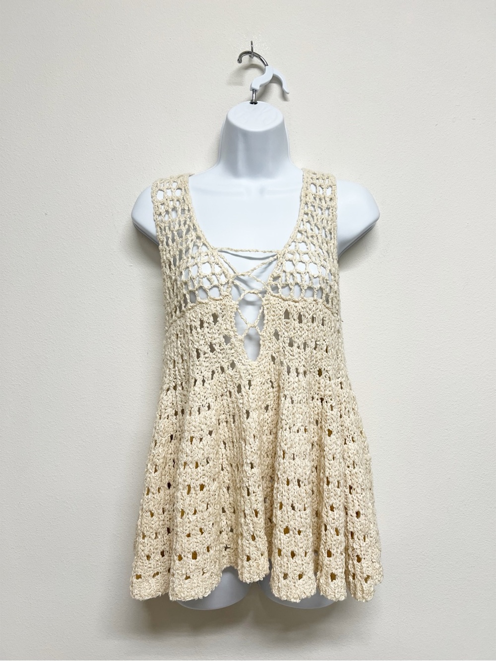 Chelsea & Violet Womens Cream Crocheted Lace Up Sleeveless Tunic Boho Top Size L
